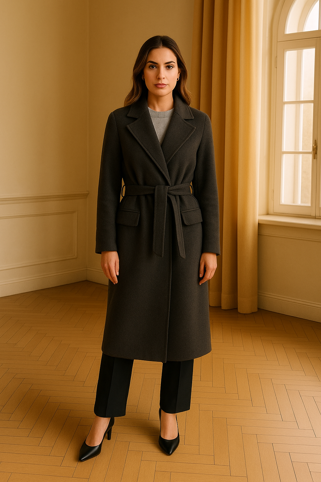 Lång kappa i mörkgrått med bälte